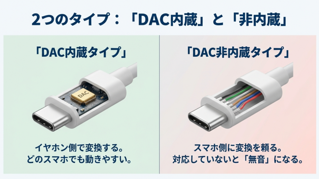 DAC内蔵イヤホンと非内蔵イヤホンの違い比較。内蔵型は互換性が高く、非内蔵型は端末依存で無音になるリスクがある。