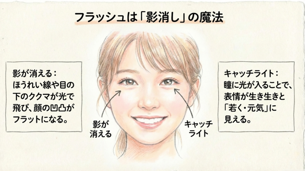 フラッシュによる影消し効果とキャッチライトで顔が若く元気に写る魔法