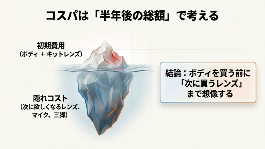 カメラのコスパは半年後の総額で考える。初期費用だけでなく、レンズやマイクなどの隠れコストも考慮が必要