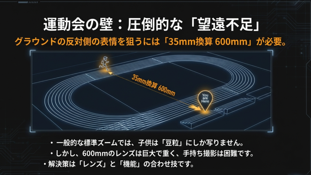 運動会のグラウンド反対側を撮影するには35mm換算600mmの望遠が必要