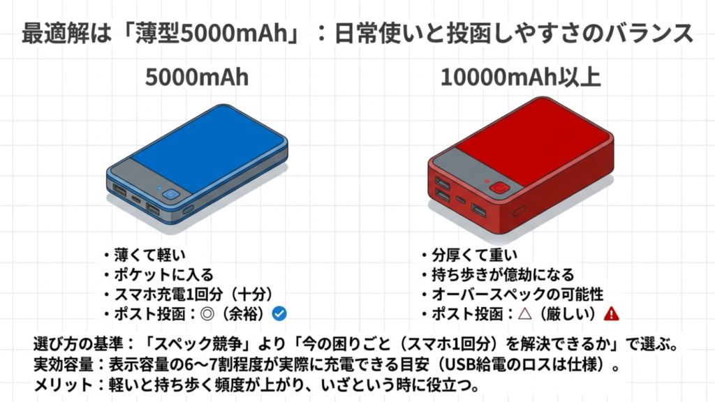 最適解は薄型5000mAh：日常使いと投函しやすさのバランス比較