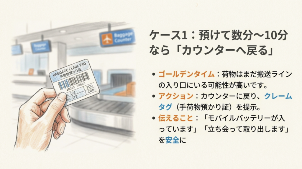 カウンターへ戻りクレームタグを提示 手荷物引換証(クレームタグ)のイラストとカウンターへ戻る指示