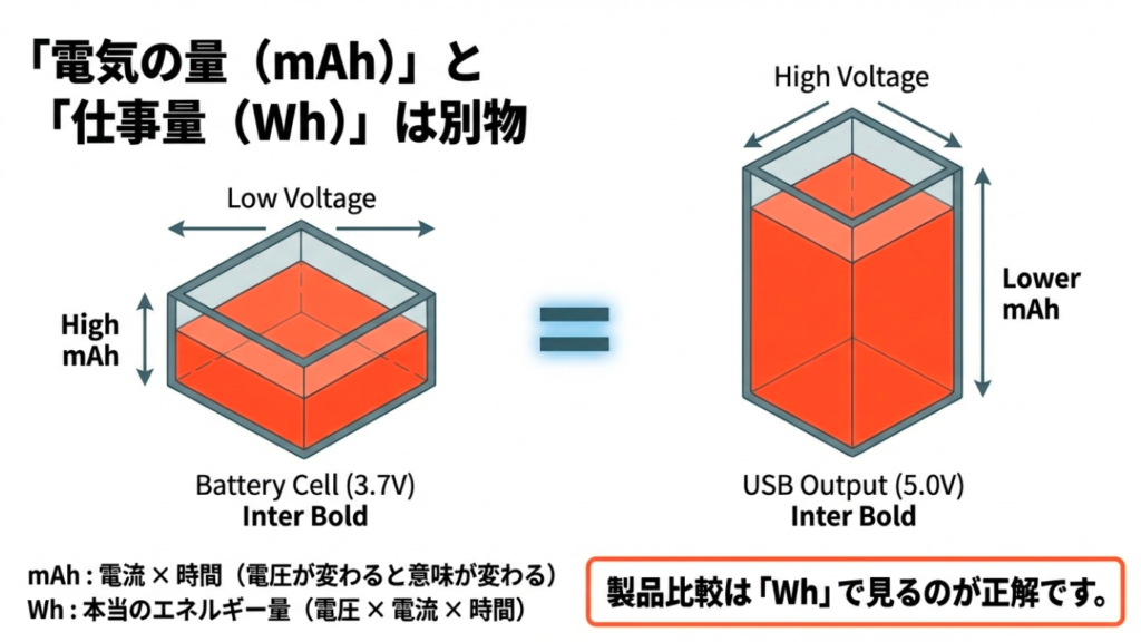 電圧が高いとmAhが減って見えるバケツの図解