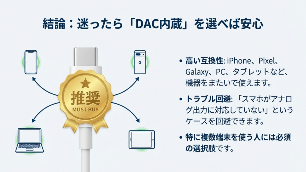 結論：迷ったらDAC内蔵（アクティブ方式）を選ぶのが推奨。高い互換性とトラブル回避のため。