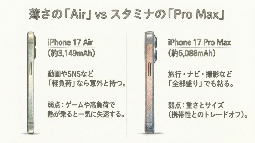 iPhone17モデル別の電池持ち傾向と注意点 iPhone 17 Pro Maxのスタミナ(旅行・登山)とiPhone 17 Airの熱による効率低下の比較
