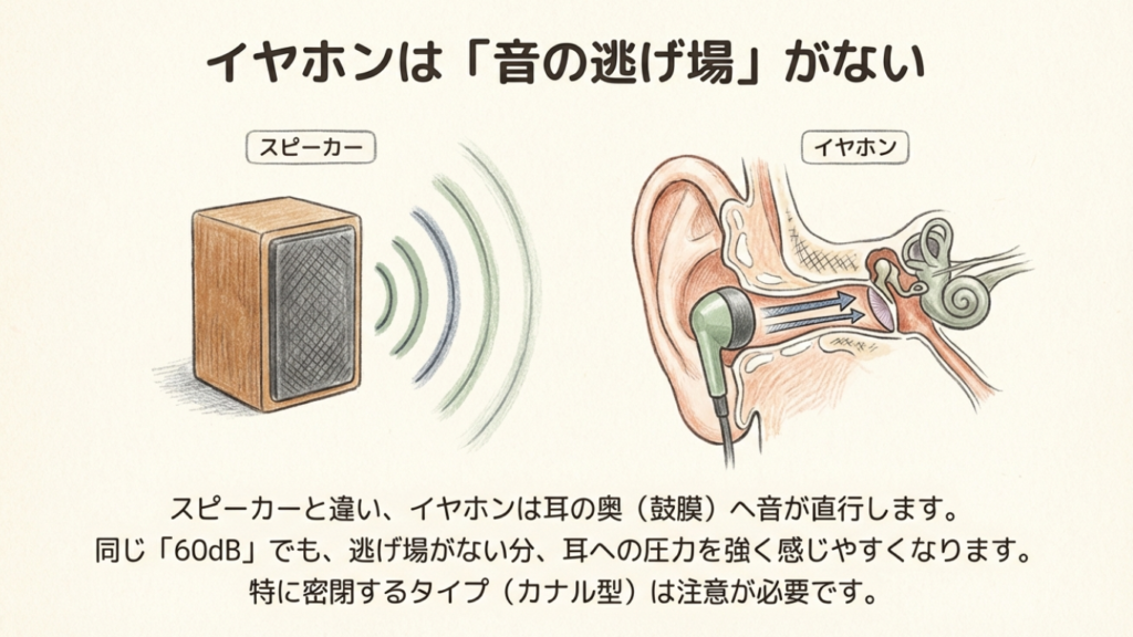 イヤホンとスピーカーの違い イヤホンは音の逃げ場がなく鼓膜に直行する仕組みのイラスト
