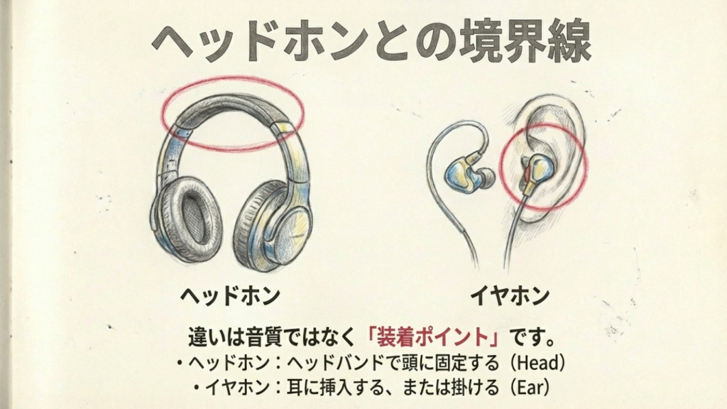 ヘッドホンとイヤホンの違いは装着ポイントにあることを示す図解