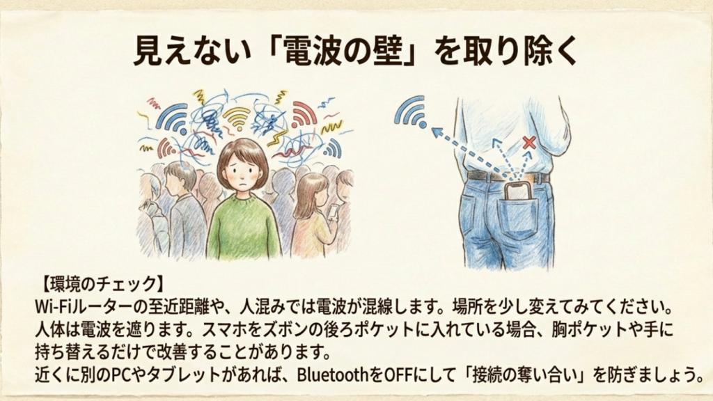 人混みやWi-Fiによる混線、人体が電波を遮る様子の図解