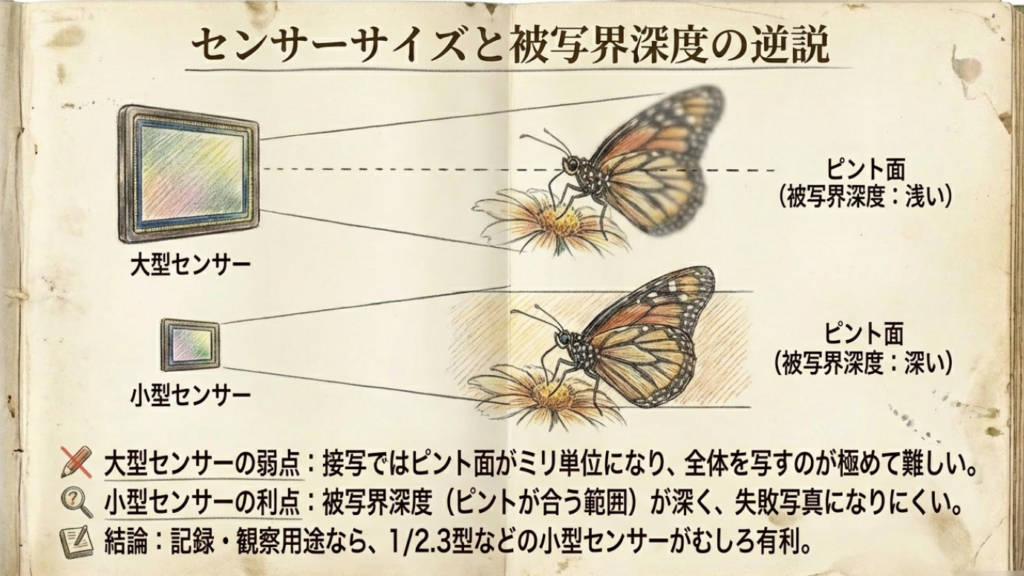 センサーサイズによる被写界深度の違い：大型センサーと小型センサーのマクロ撮影の有利不利