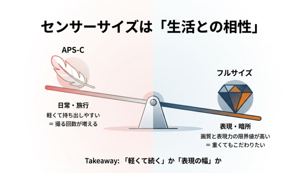 APS-Cは軽くて持ち出しやすい、フルサイズは表現と暗所に強い。生活スタイルとの相性で選ぶ天秤図
