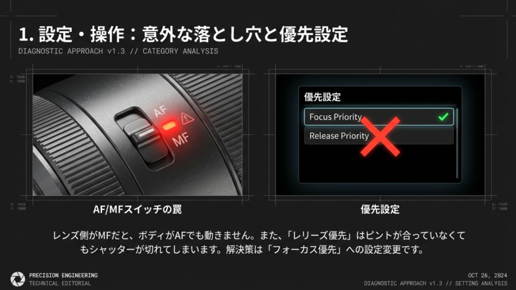 レンズ側のAF/MFスイッチの見落としや、レリーズ優先設定によるピンボケの罠を解説