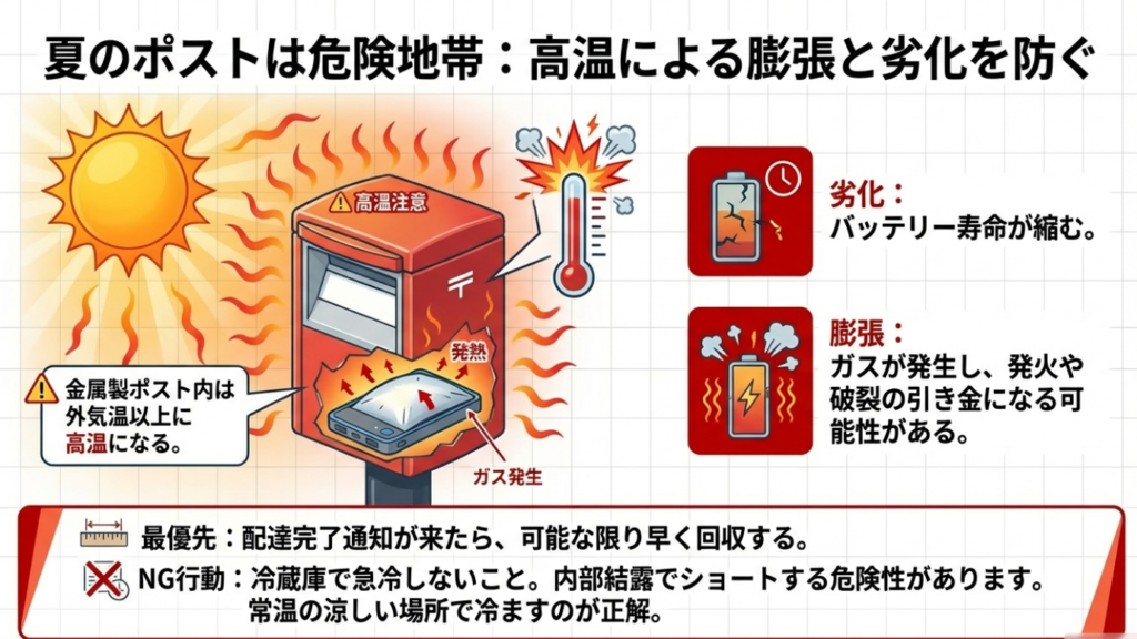 夏のポストは危険地帯：高温によるバッテリーの膨張と劣化イメージ