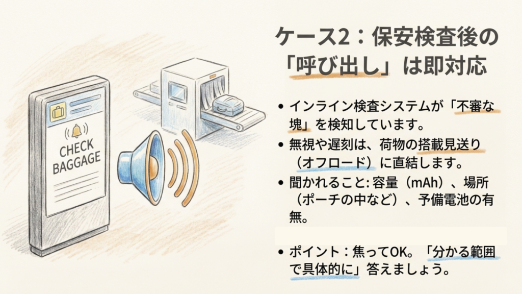 呼び出しがあったら即対応 保安検査後の呼び出しには即対応するよう促すイラスト