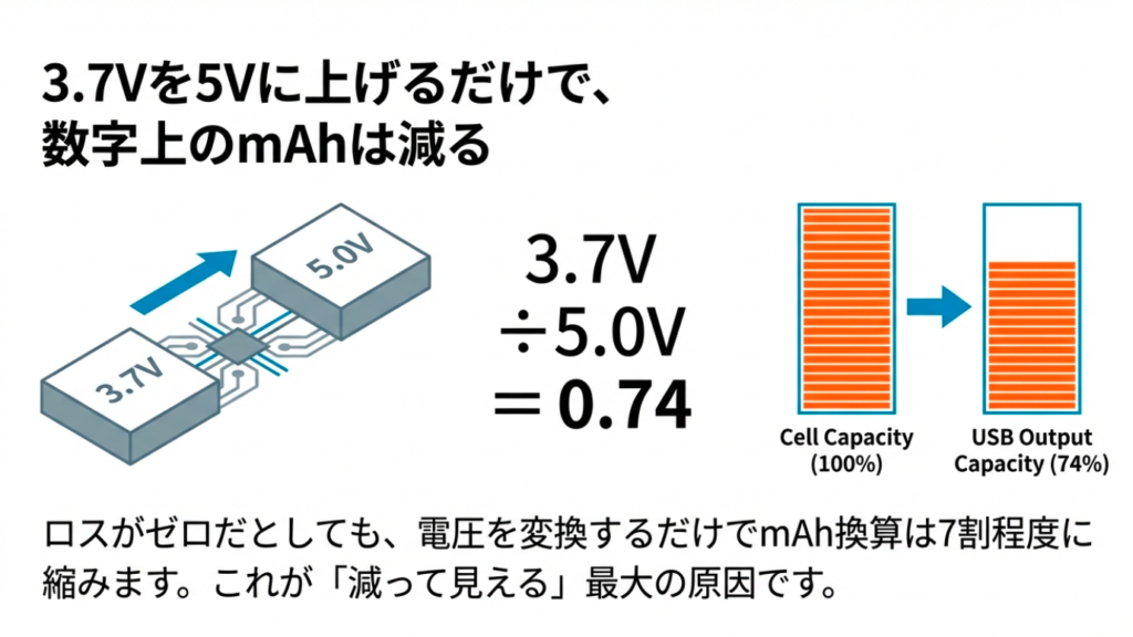 3.7Vから5Vへの昇圧でmAh換算が74%になる計算図