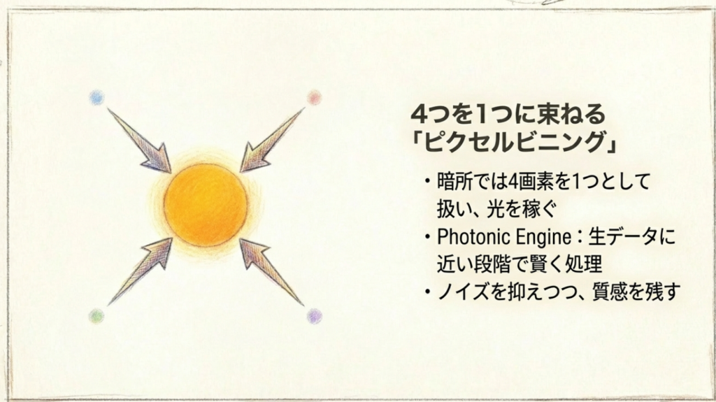 4画素を1つに束ねるピクセルビニングの仕組み