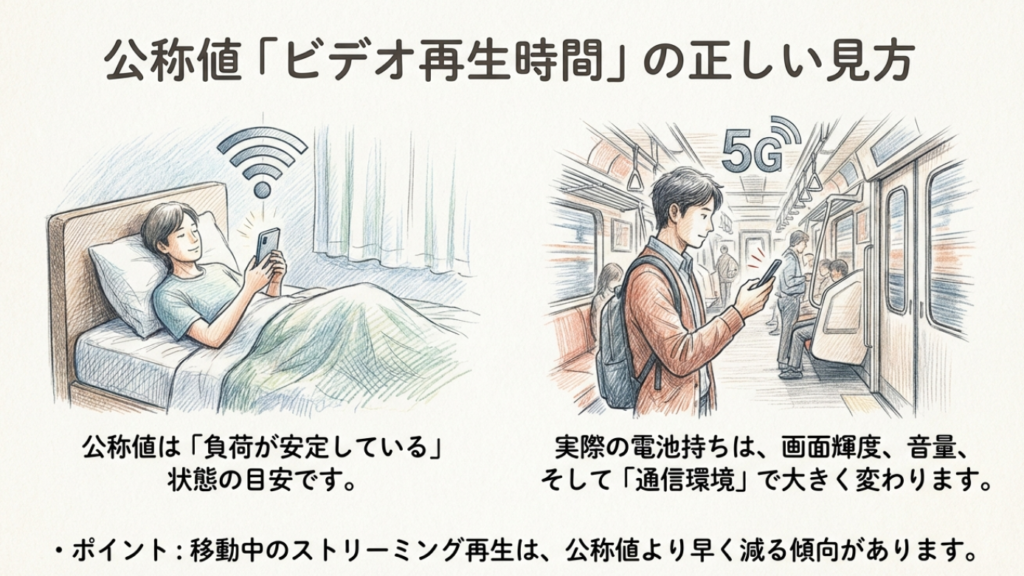 ビデオ再生時間と実際の電池消費グラフ 公称のビデオ再生時間と実生活での混合負荷(通信・画面・ゲーム)による電池消費の波の比較