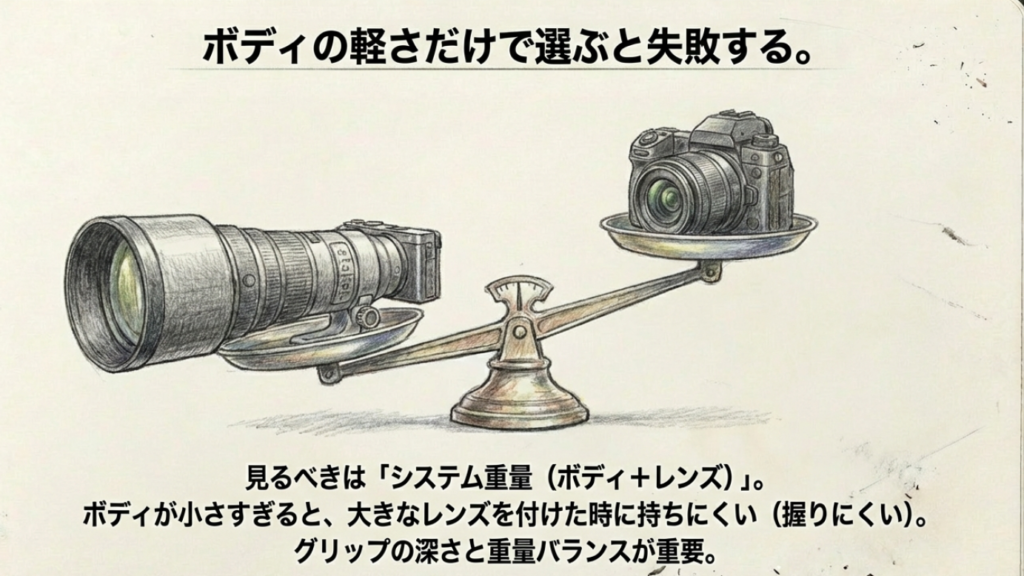用途別のカメラのシステム重量と持ち出しやすさ目安