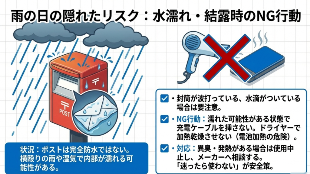 雨の日の隠れたリスク：水濡れ・結露時のNG行動（ドライヤー禁止）