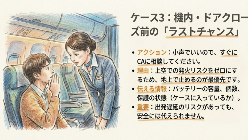 機内ではドアクローズ前にCAへ相談 機内でCAに小声で相談する乗客のイラスト