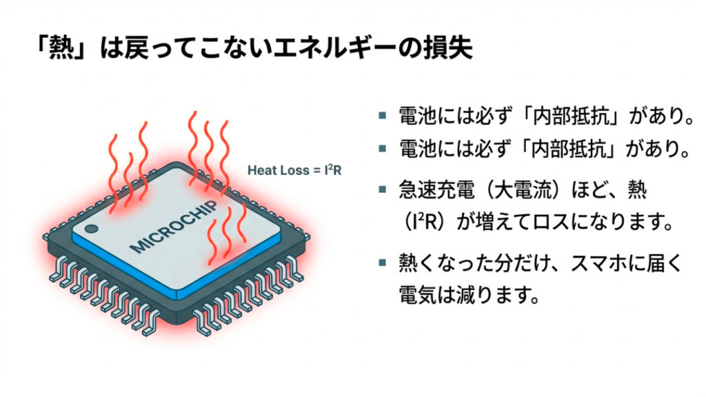 チップの発熱と内部抵抗によるエネルギー損失のイメージ