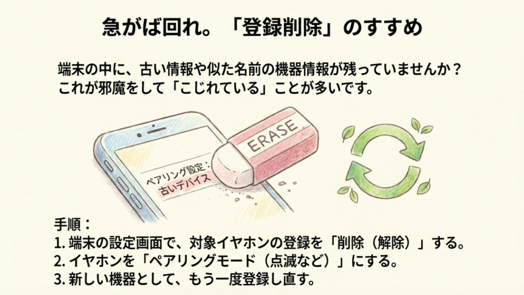 スマホの設定画面から古いペアリング情報を削除してやり直す手順