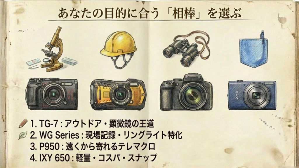 用途別マクロコンデジの選び方4タイプ：TG-7、WG、P950、IXYの分類