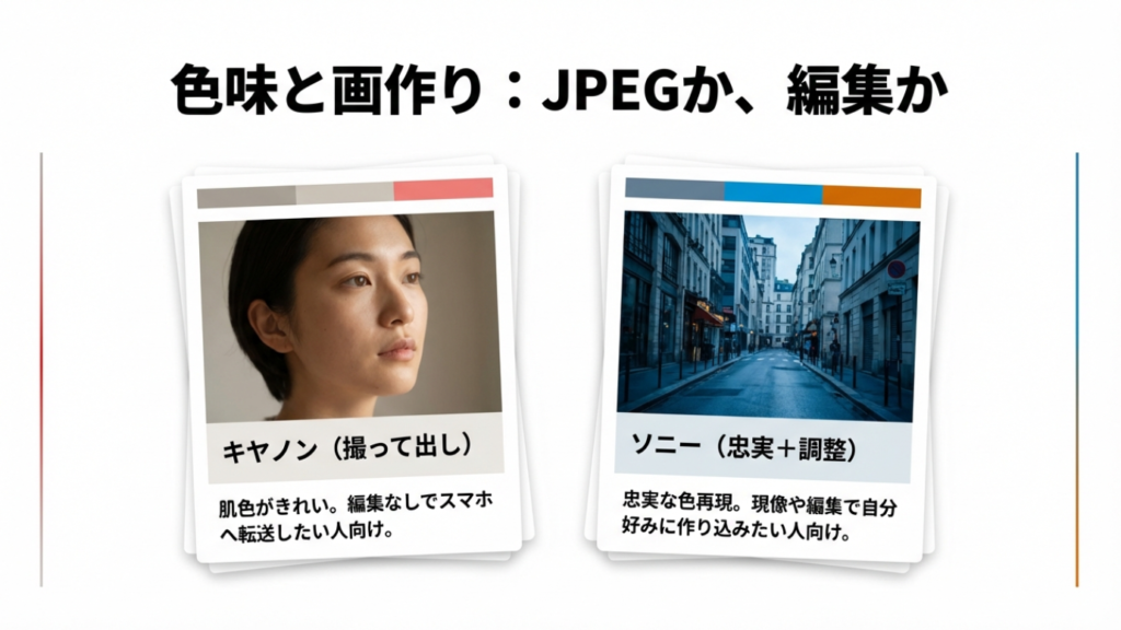 キヤノンは肌色がきれいな撮って出し向け、ソニーは忠実な色再現で現像や編集向け