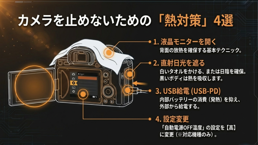 液晶を開く、タオルで日除け、USB給電などミラーレスカメラの熱暴走対策