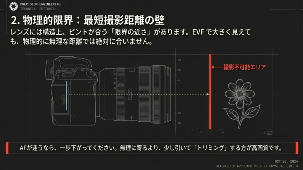 レンズの最短撮影距離を超えて被写体に近づきすぎるとピントが合わないエリアの図解