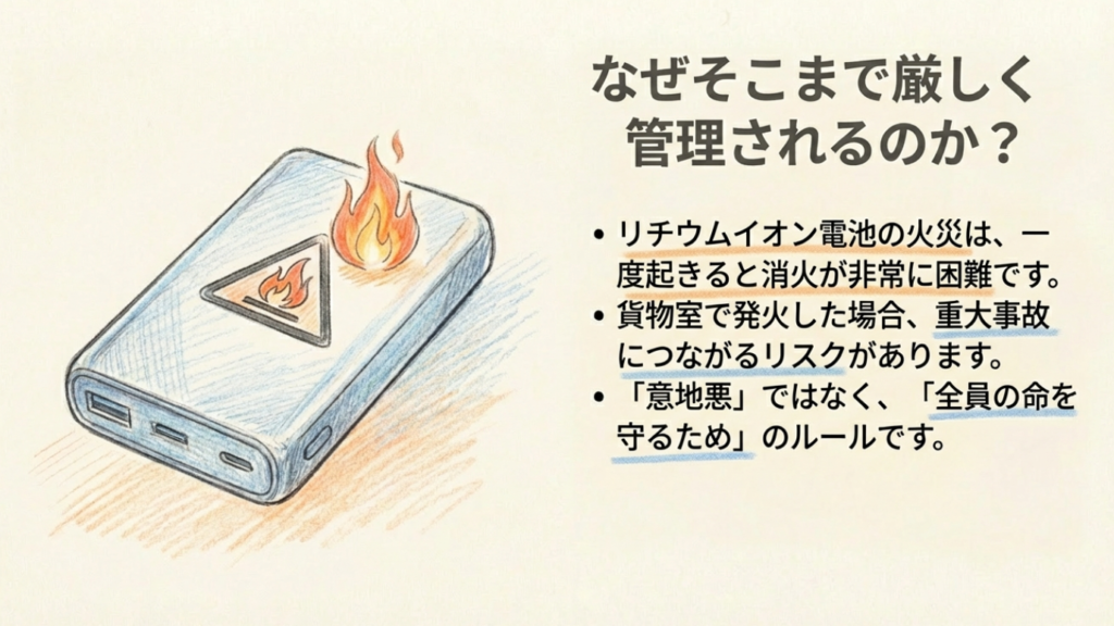 なぜそこまで厳しく管理されるのか? リチウムイオン電池の発火リスクと消火困難性についての説明