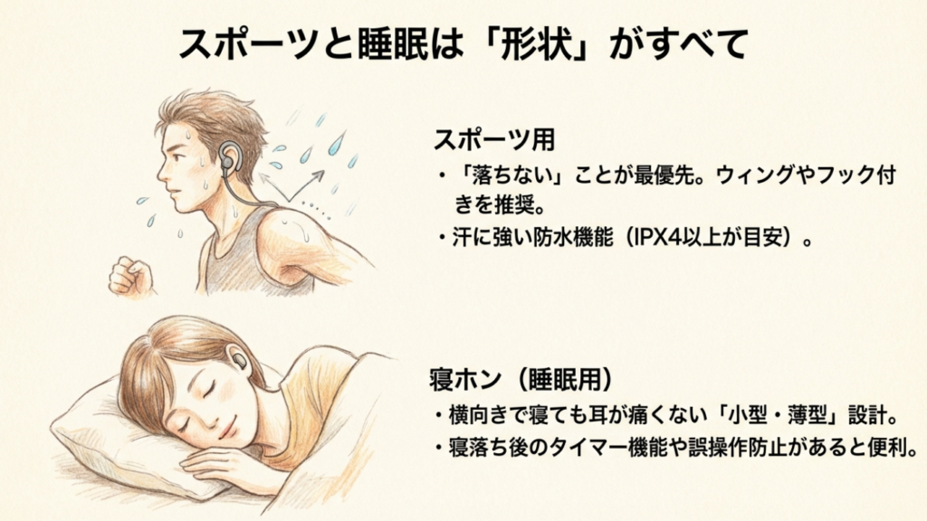 スポーツ用イヤホンの防水性と寝ホンの形状