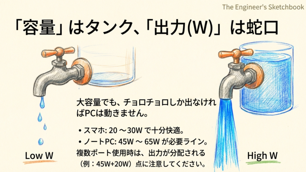バッテリー容量はタンク、出力(W)は蛇口の太さ。スマホは20-30W、ノートPCは45-65Wが必要な理由を図解