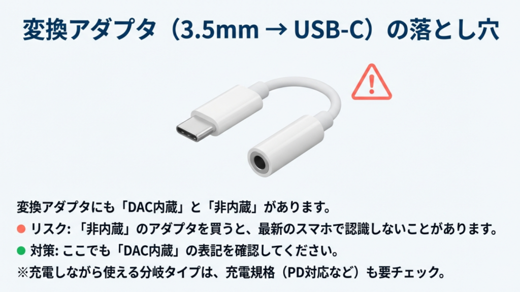 変換アダプタ（3.5mm to USB-C）選びの注意点。DAC非内蔵タイプを買うと認識しないリスクがある。