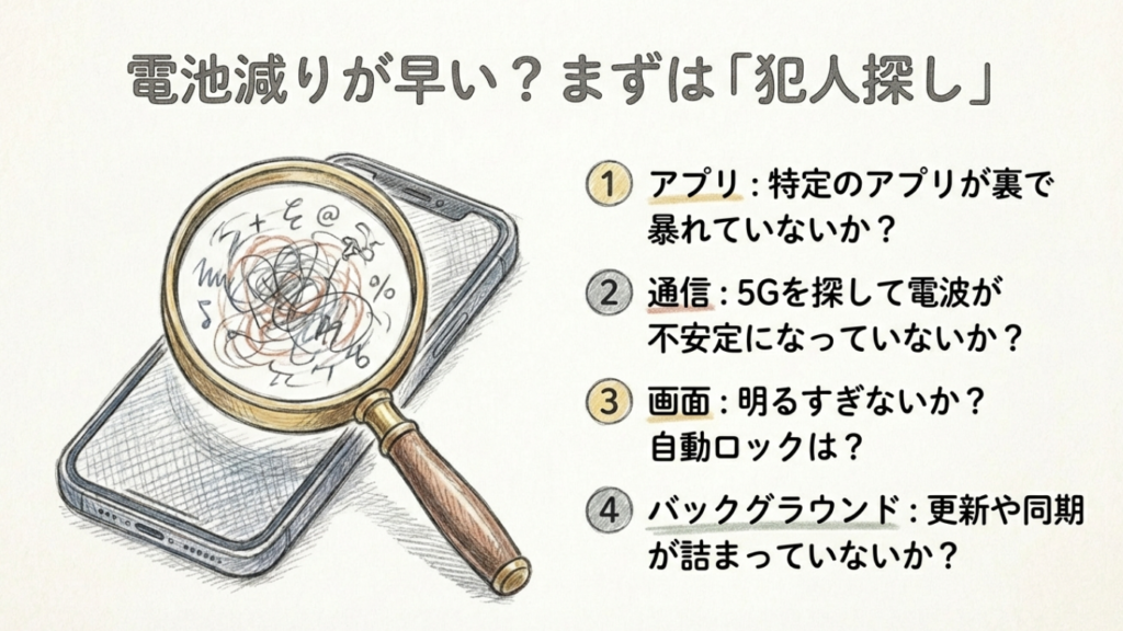 電池減りが早い原因を切り分ける4つのポイント iPhoneの電池減りが早い時に疑うべき4つの犯人(アプリ、通信、画面、バックグラウンド)