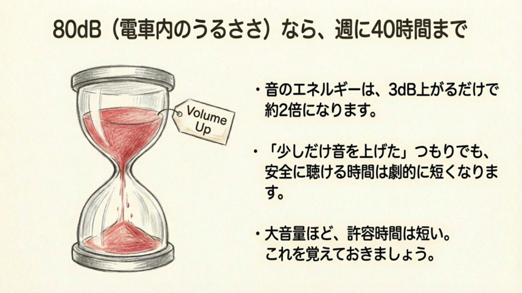 80dBの許容時間 80dBの許容時間は週40時間までという砂時計のイラスト