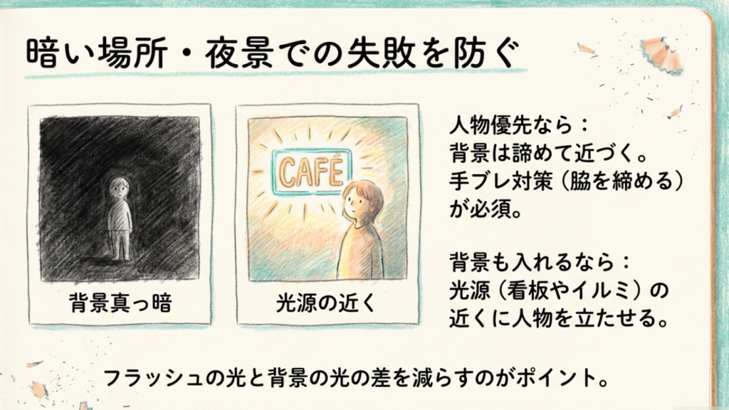 暗い場所や夜景で背景の光源を利用してフラッシュと背景の光の差を減らす撮影のコツ