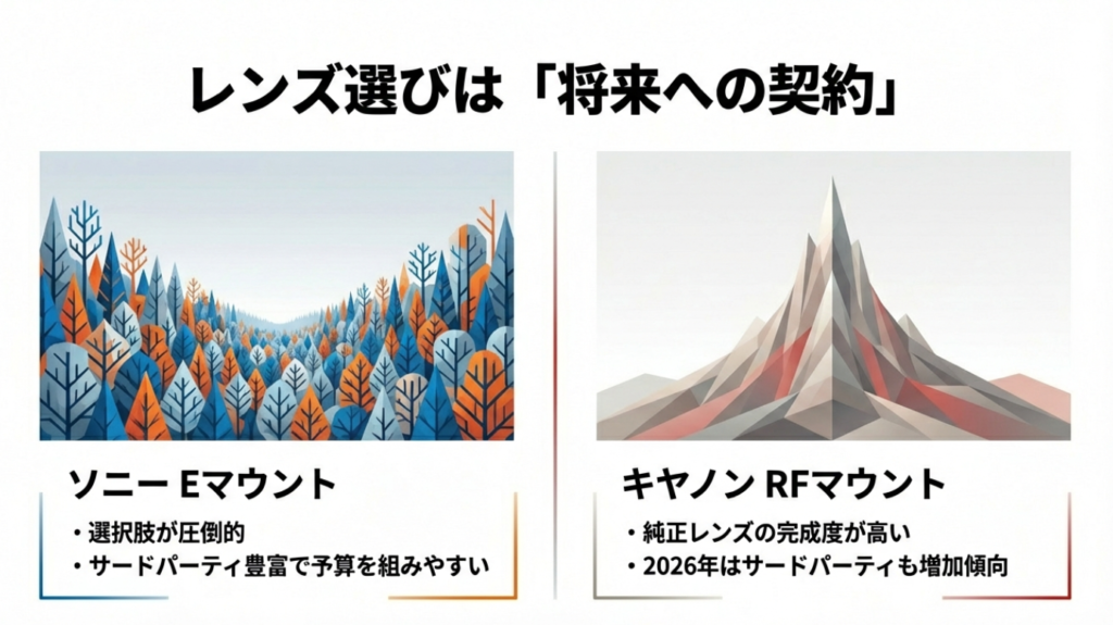 レンズ選びは将来への契約。ソニーEマウントは選択肢が圧倒的、キヤノンRFマウントは純正の完成度が高くサードパーティも増加中