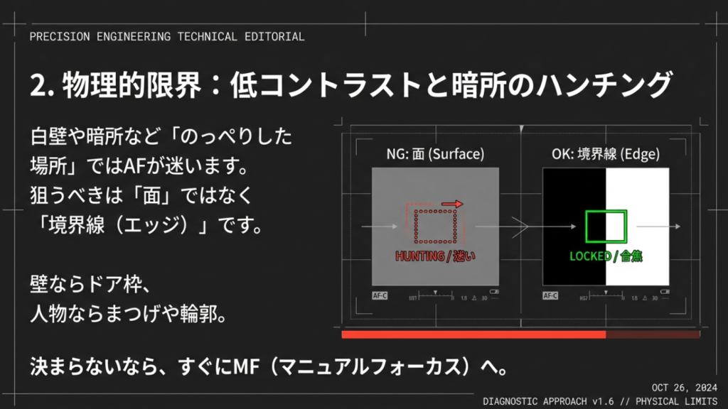 のっぺりした面ではなく境界線（エッジ）を狙うことでAFのハンチングを防ぐ方法