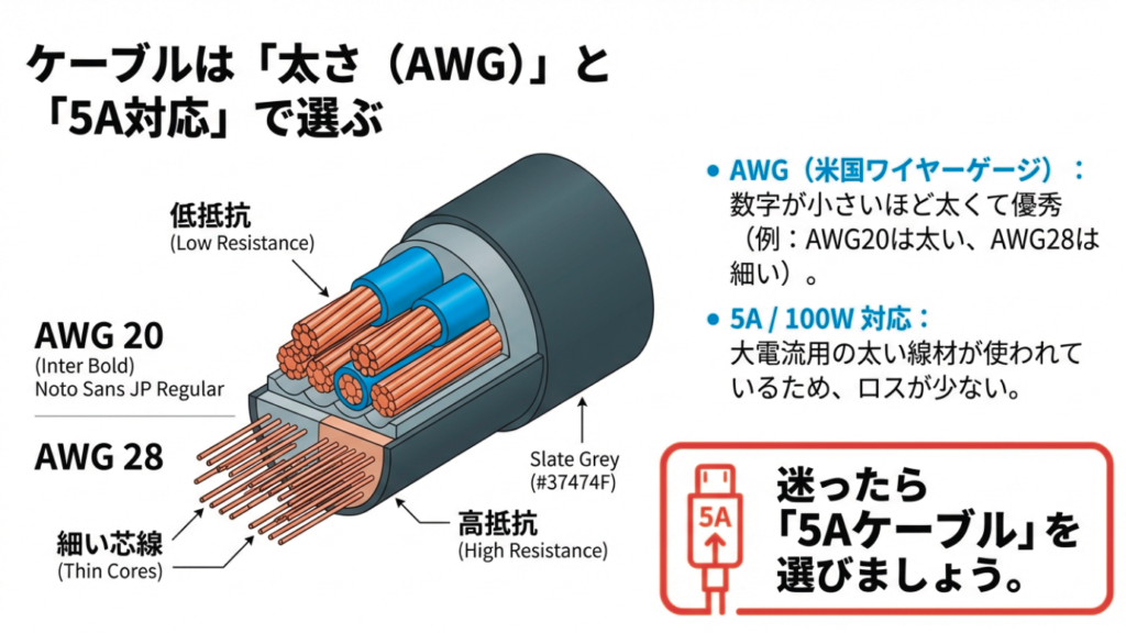 AWG20とAWG28のケーブル断面比較図