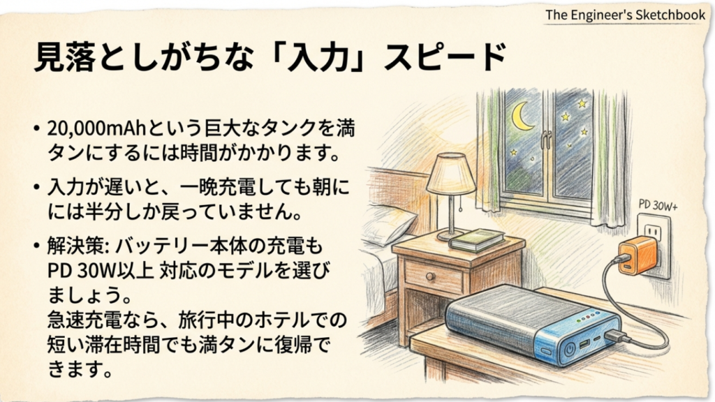 20000mAhの大容量を充電するには入力速度が重要。PD30W以上対応ならホテルでの短時間充電でも満タンにできる