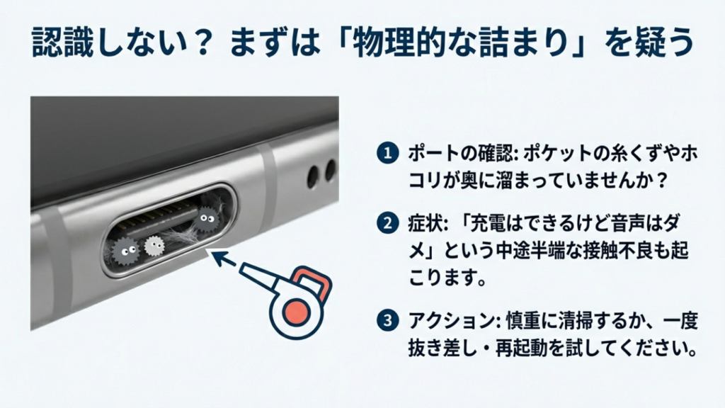 USB-Cポートの掃除方法。ホコリや糸くずが詰まっている場合の清掃手順と注意点。