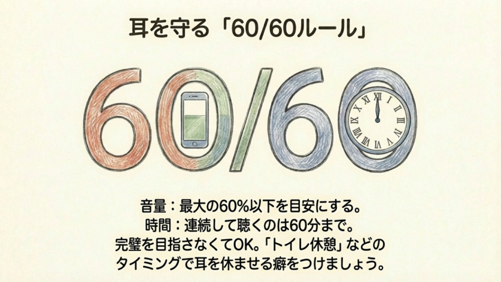 60/60ルール 音量は60%以下、時間は60分までという60/60ルールのイラスト