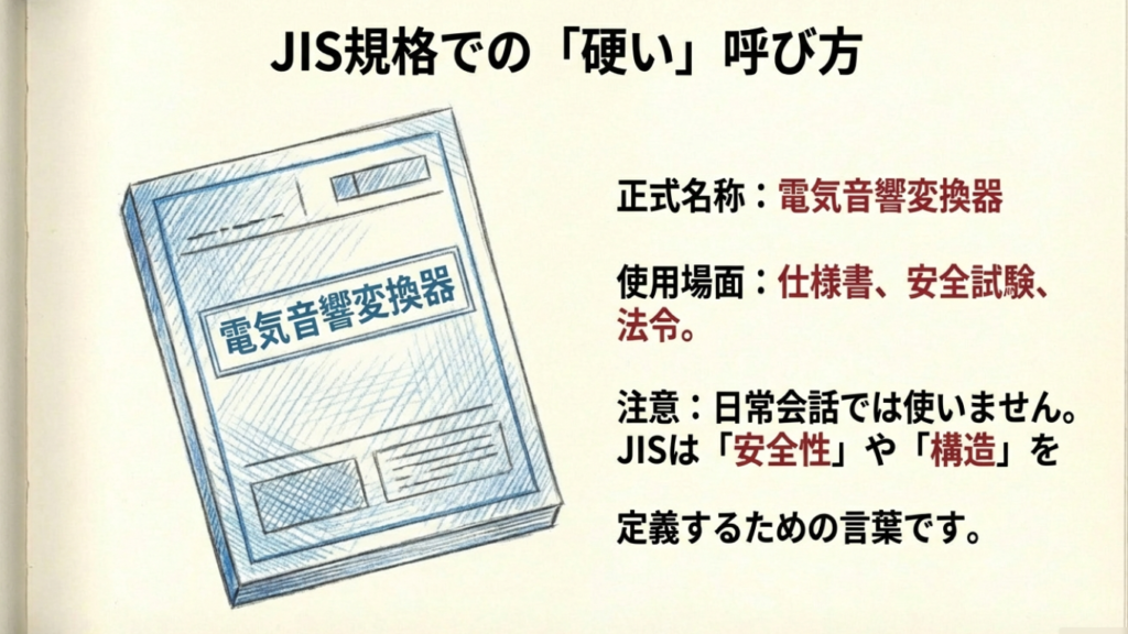 JIS規格における電気音響変換器の硬い呼び方を示す本のイラスト