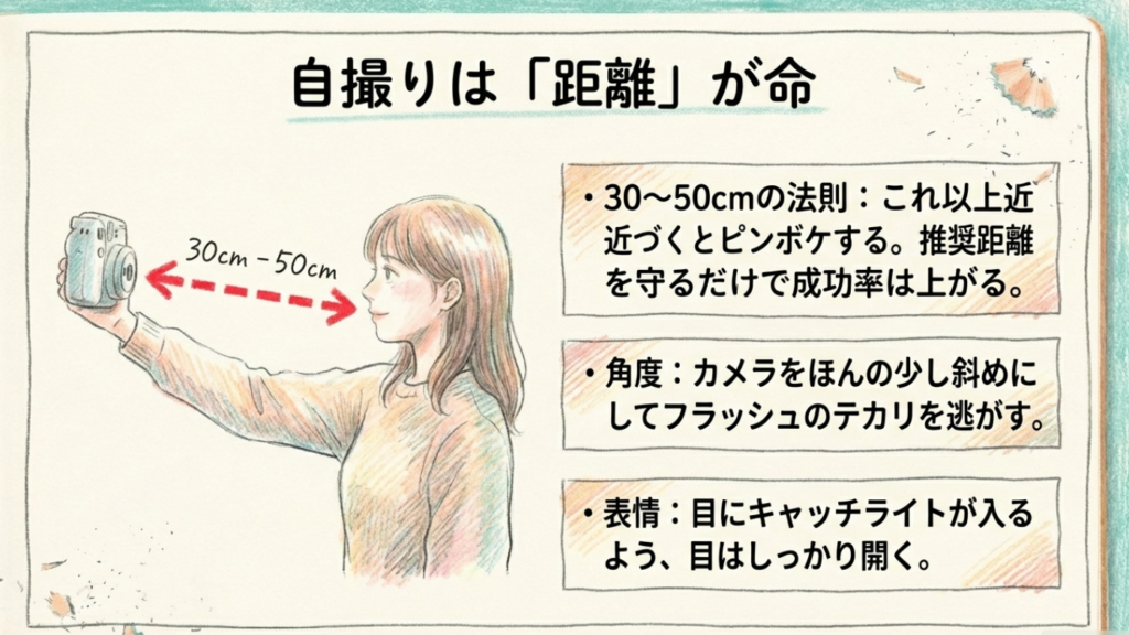 自撮りは30〜50cmの距離を守り、斜めの角度でフラッシュを逃がすコツ