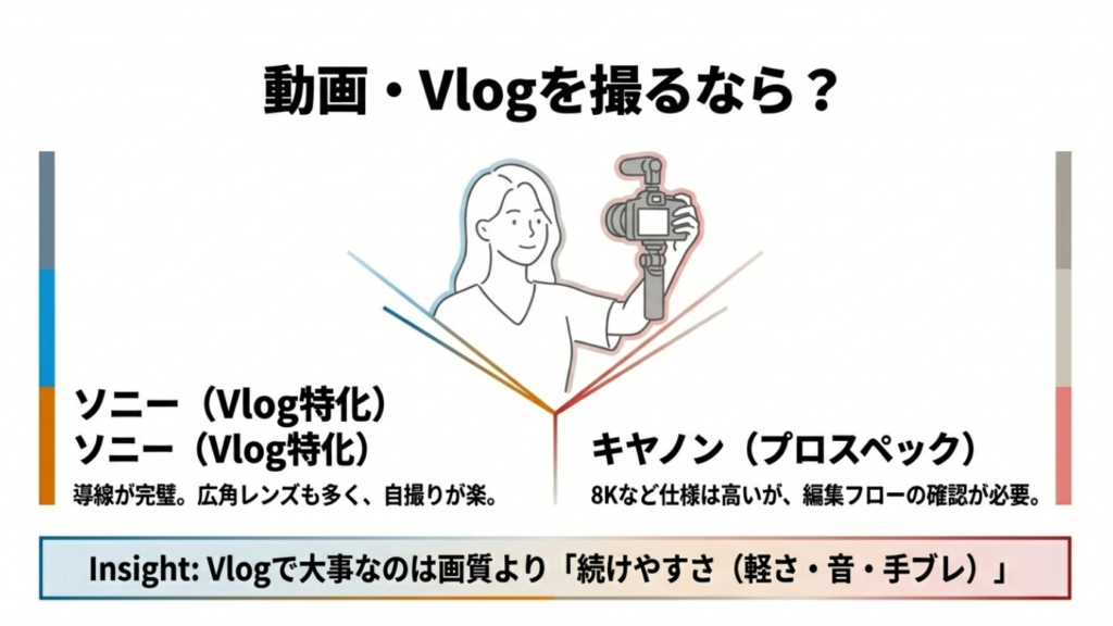 ソニーはVlog特化の導線と広角レンズが強み、キヤノンはプロスペックだが編集フローの確認が必要