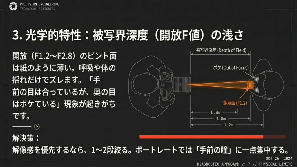 開放F値で撮影した際の紙のように薄い被写界深度と前後の揺れによるピントズレの仕組み