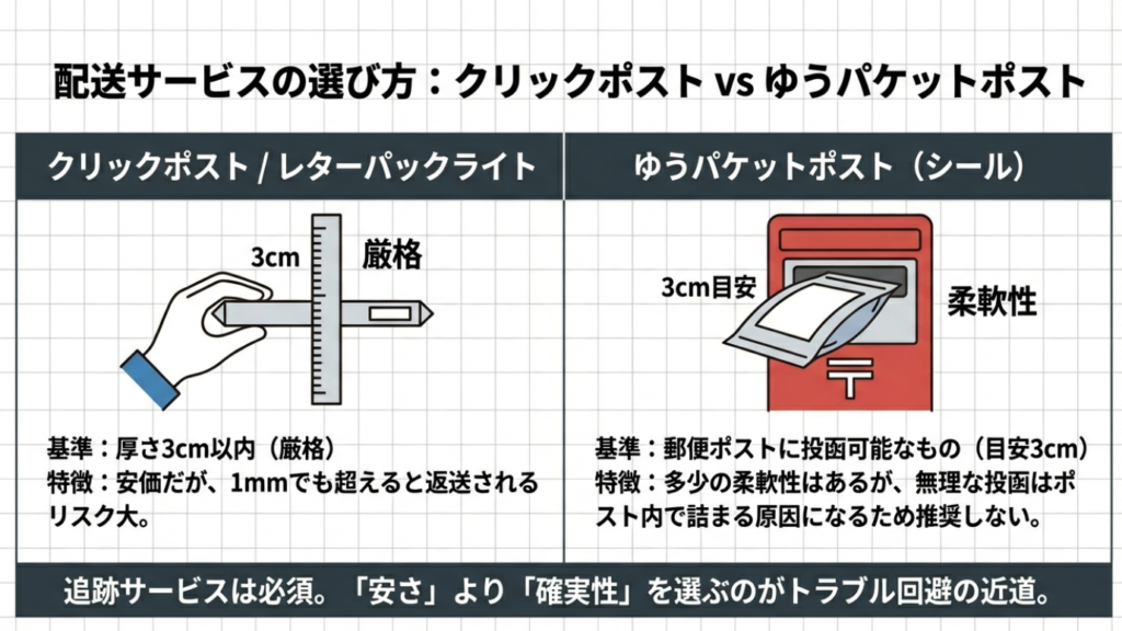 配送サービスの選び方：クリックポスト（厳格）とゆうパケットポスト（目安）の違い
