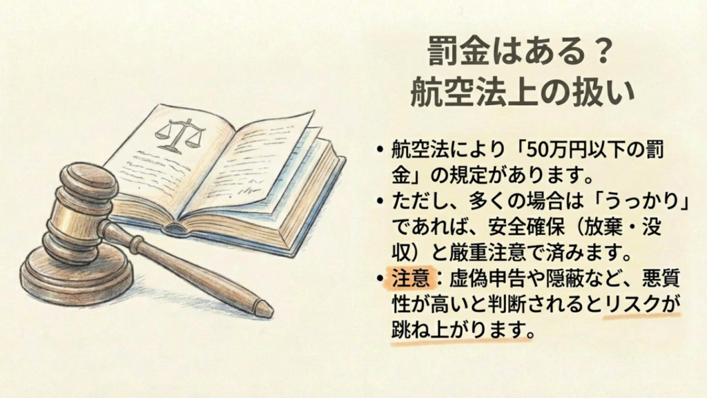 50万円以下の罰金の可能性について 航空法による罰金のリスクを示す法廷と小槌のイラスト