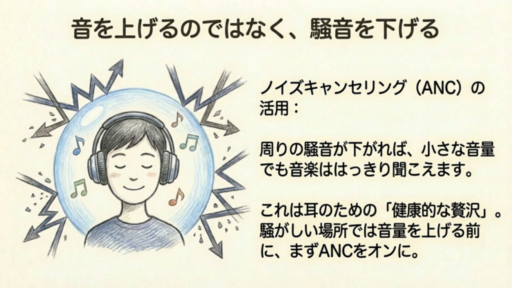 ANC活用術 ノイズキャンセリング機能で騒音を下げて音量を抑えるイラスト