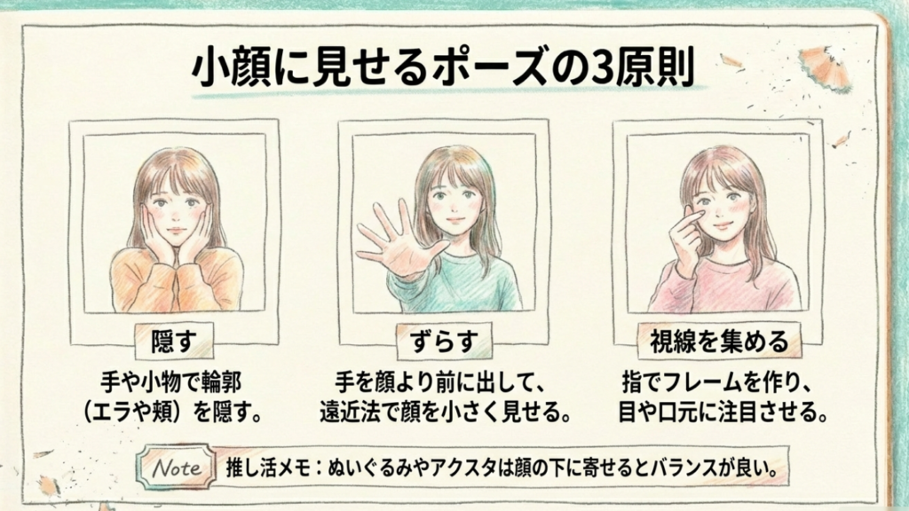手や小物で隠す、遠近法でずらす、指で視線を集めるという小顔に見せるポーズの3原則